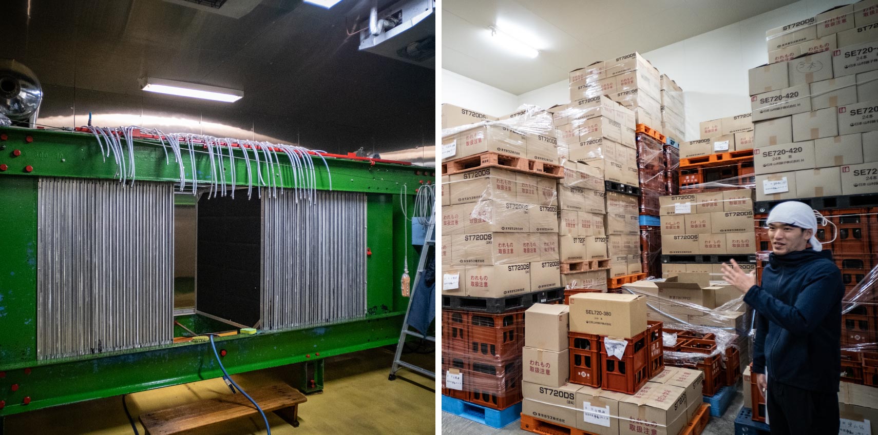 左：搾り工程から全て冷蔵管理している　右：日本酒を保管する倉庫はすべて-2℃で管理している
