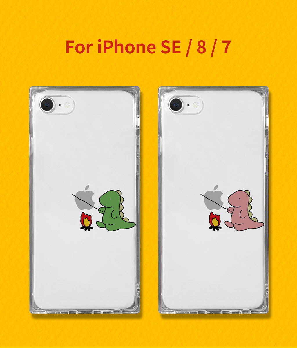 iPhone SE (第3世代 2022年 SE3) ケース カバー AKAN ソフト スクエアケース おしごとダイナソー たき火 [iPhone  SE2/12 mini/12 Pro/12/11/8/7] 可愛い 背面 かわいい キャラクター 透明 ロゴ 恐竜 韓国 おもしろ ブランド | 