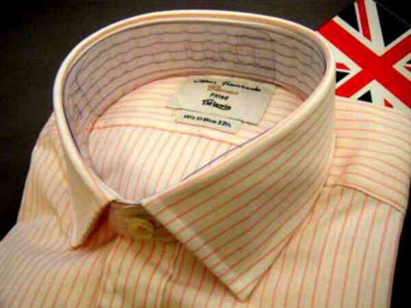 英国ティーエムリューインTMLewinダブルカフスドレスシャツ白地ピンクストライプPKST T171