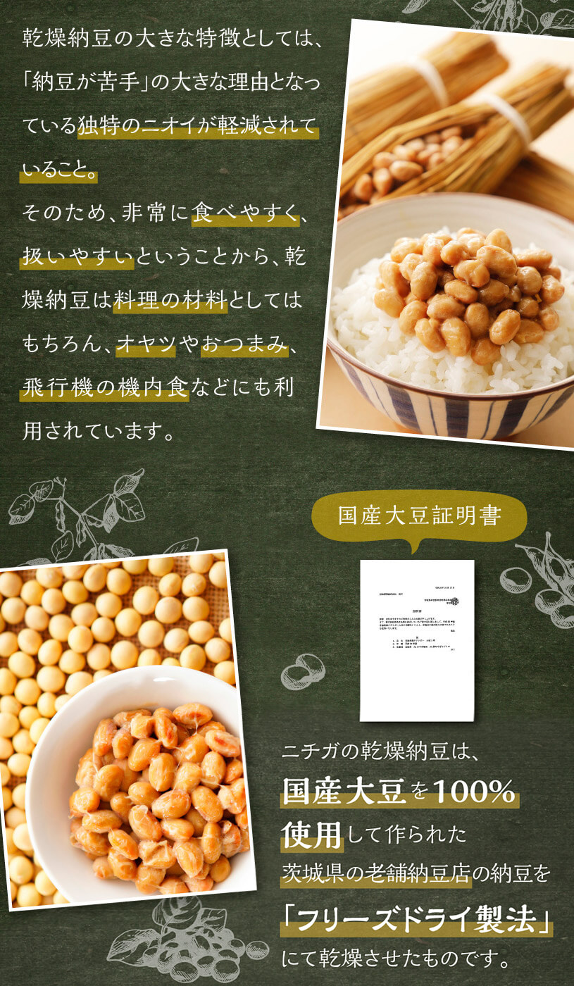 乾燥納豆（粒） 110ｇ 国産大豆100％使用 Grain natto 生きている納豆菌93億個 [02] NICHIGA(ニチガ) :  ＮＩＣＨＩＧＡ（店）