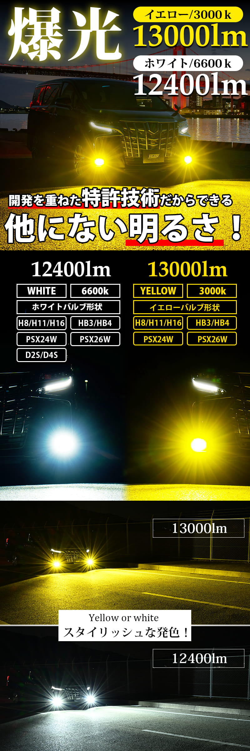 楽天市場】LED フォグランプ イエロー 13000lm ホワイト 12400Lm 実測 