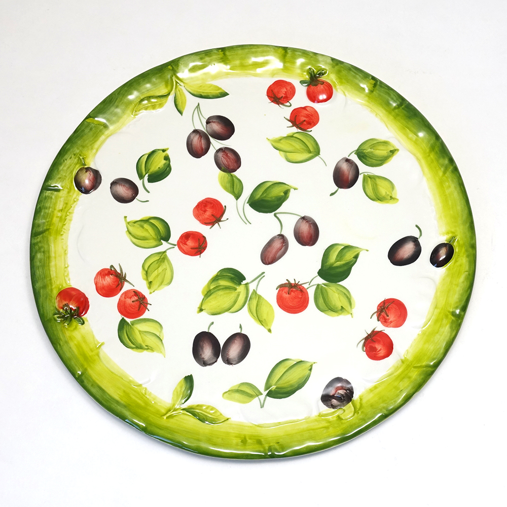 イタリア製 陶器 ピザプレート 飾り皿 オリーブ&トマト柄 32cm BRE-1470-32Ｔ