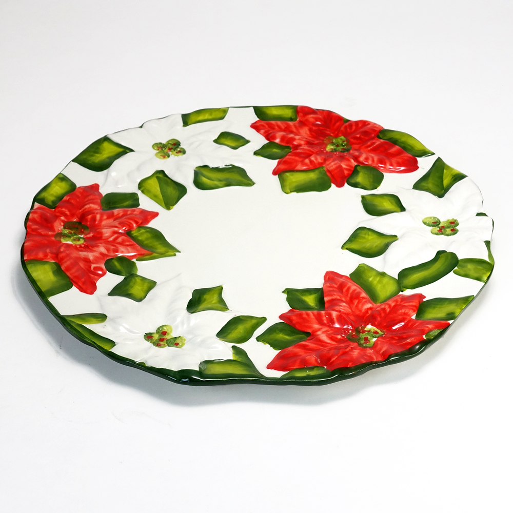 クリスマス テーブルウェア イタリア製 陶器 食器 ハンドメイド 中皿 31cm ラウンドプレート ポインセチア レリーフ ディナープレート BRE-1574-31K