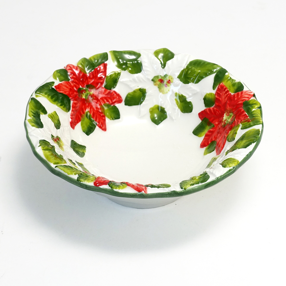 クリスマス テーブルウェア イタリア製 陶器 食器 ハンドメイド サラダボウル ポインセチア レリーフ 中鉢 16cm スープ皿 BRE-1673K