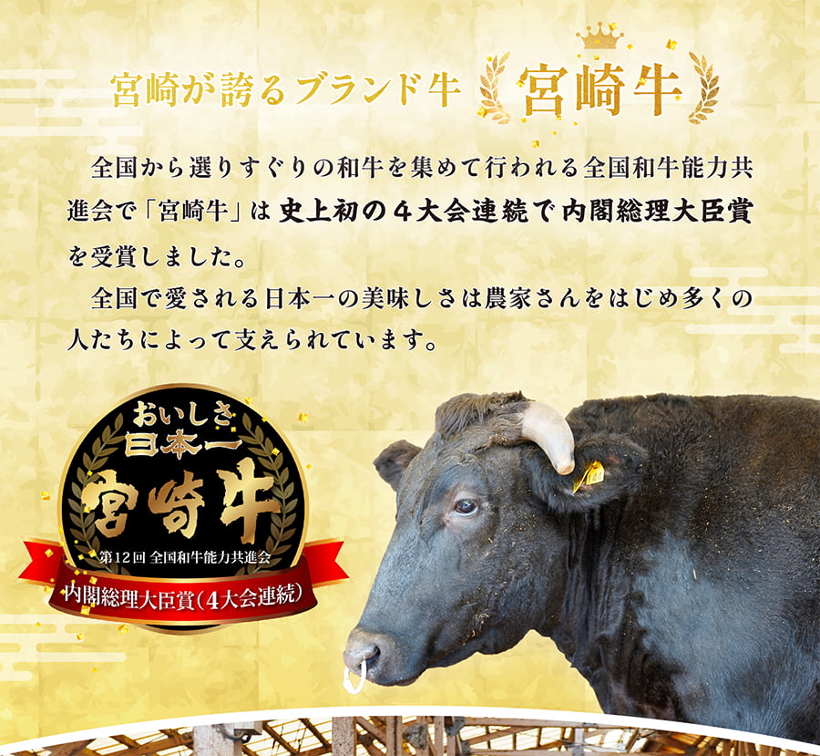 宮崎が誇るブランド牛『宮崎牛』全国から選りすぐりの和牛を集めて行われる全国和牛能力共進会で「宮崎牛」は史上初の4大会連続で内閣総理大臣賞を受賞しました。全国で愛される日本一の美味しさは農家さんをはじめ多くの人たちによって支えられています。