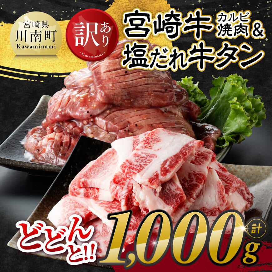【訳あり】 宮崎牛カルビ焼肉＆塩だれ牛タン　計1,000g