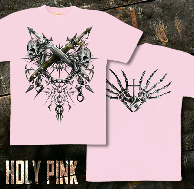 メタル ロック バイカー系のスカル柄Tシャツ。背面は十字架 ピンク