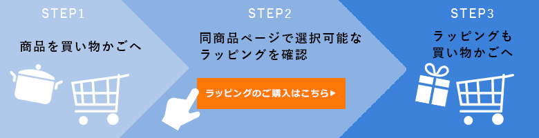 [STEP 01]商品を買い物かごへ　→　[STEP 02]同商品ページで選択可能なラッピングを確認　→　[STEP 03]ラッピングも買い物かごへ