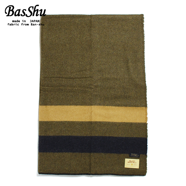 BasShu バッシュ ウールブランケット 130×180 ボーダー 泉大津 日本製 Wool Blanket カーキ×ネイビー