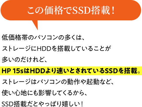 「この価格でSSD搭載！」低価格帯のパソコンの多くは、ストレージにHDDを搭載していることが多いのだけれど、HP 15sはHDDより速いとされているSSDを搭載。ストレージはパソコンの動作や起動など、使い心地にも影響してくるから、SSD搭載だとやっぱり嬉しい！