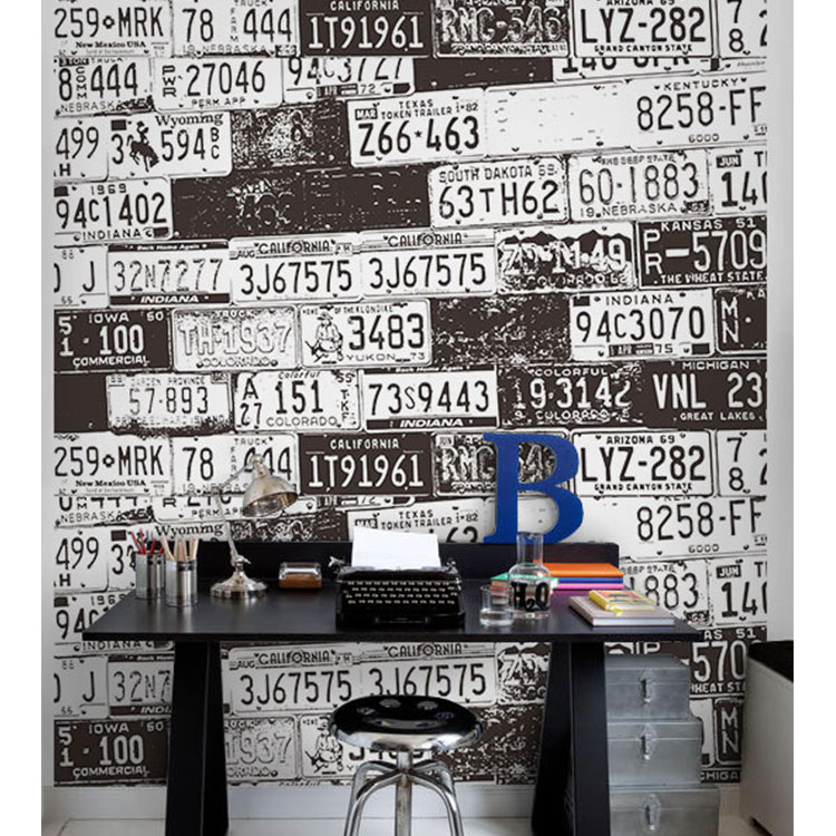 壁紙 フリース壁紙 Jebrille Wallpaper ナンバーブラック＆ホワイト 138cmx2.5m パネル式 ナンバープレート おしゃれ  はがせる壁紙 貼ってはがせる壁紙 | かべがみ革命