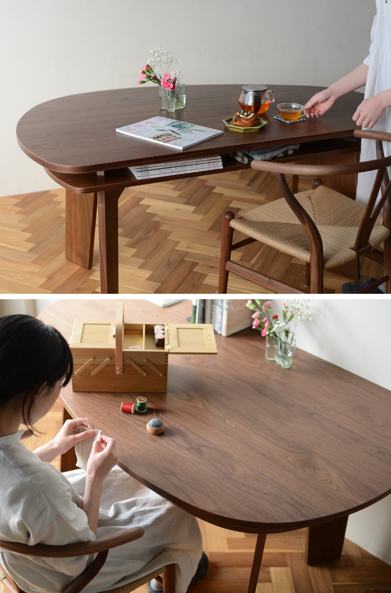 楽天市場 収納付 変形ダイニングテーブル Shuno シュノ W180 ウォールナット 北欧 変形 丸テーブル 日本製 国産 生成りな暮らしのご提案 キナル