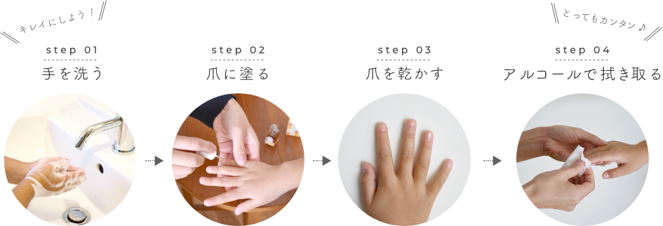 step1.手を洗う,step2.爪を塗る,step3.爪を乾かす,step4.アルコールで拭き取る