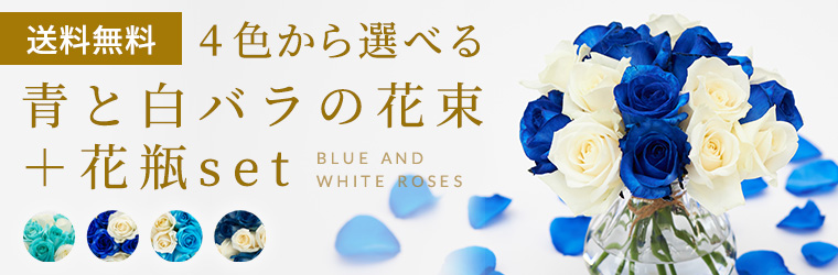 4色から選べる青バラと白バラの花束 15本+花瓶set