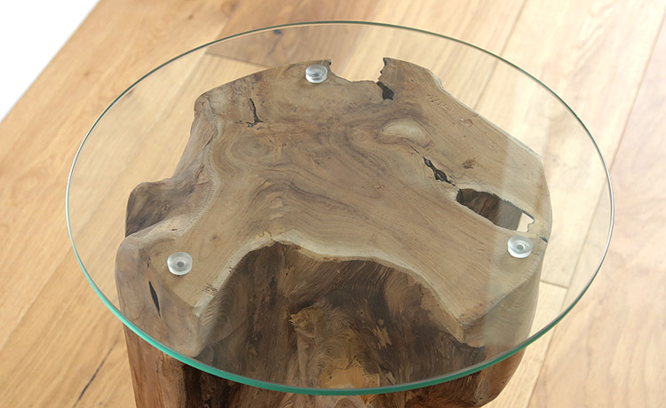 チーク×ガラス サイドテーブル 丸ガラス 円形テーブル 古材 天然木 