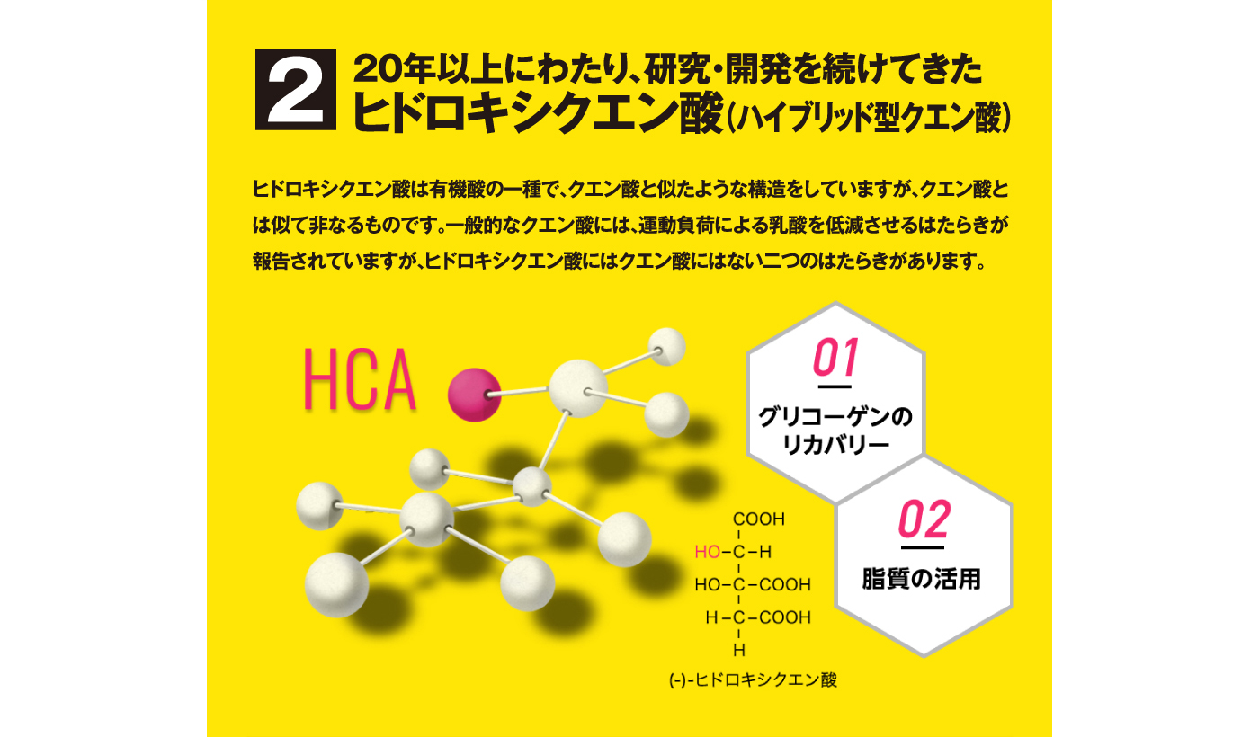 2.20年以上にわたり、研究・開発を続けてきたヒドロキシクエン酸（ハイブリット型クエン酸）