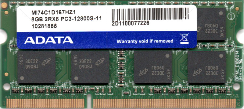 【楽天市場】【ポイント2倍】ADATA PC3-12800S (DDR3-1600) 8GB SO-DIMM 204pin ノートパソコン用メモリ 型番：MI74C1D167HZ1 両面実装