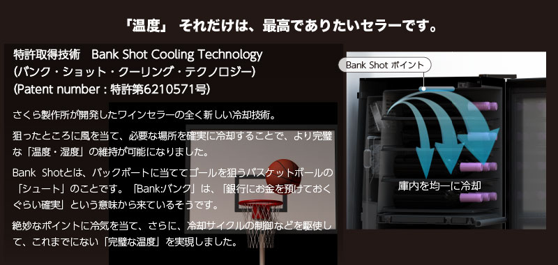 「温度」 それだけは、最高でありたいセラーです。特許取得技術　Bank Shot Cooling Technology（バンク・ショット・クーリング・テクノロジー）（Patent number : 特許第6210571号）さくら製作所が開発したワインセラーの全く新しい冷却技術。