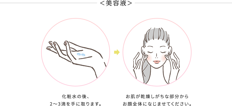 ＜美容液＞①化粧水の後、2～3滴を手に取ります。②お肌が乾燥しがちな部分からお顔全体になじませてください。