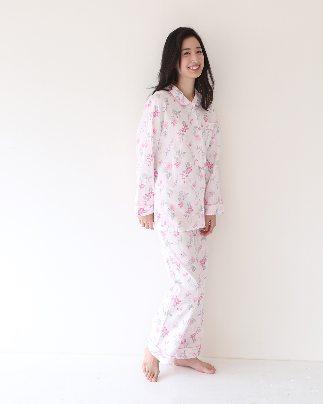 (ブルーミングフローラ)bloomingFLORA ルームウェア パジャマ 上下セット 長袖 日本製 ダブルガーゼ 綿100％ シャツ衿 優しい着心地