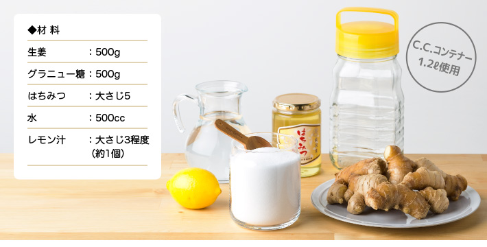 ◆材 料　生姜：500g／グラニュー糖：500g／はちみつ：大さじ5／水：500cc／レモン汁：大さじ3程度(約1個)／C.C.コンテナー1.2ℓ使用