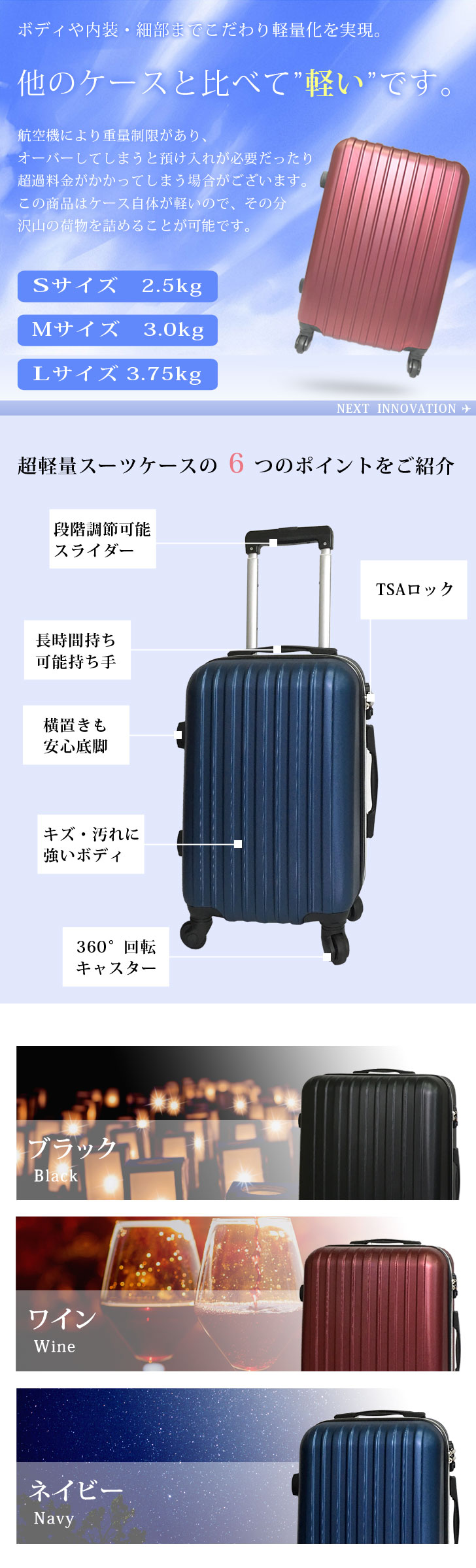 楽天市場】スーツケース 超軽量 Mサイズ 中型 キャリーケース キャリー 