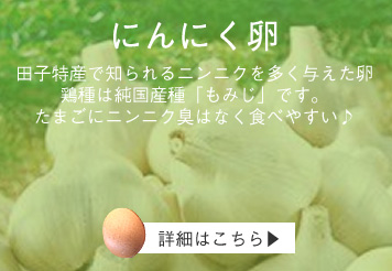 にんにく卵 田子特産で知られるニンニクを多く与えた卵鶏種は純国産種「もみじ」です。たまごにニンニク臭はなく食べやすい♪ 詳細はこちら