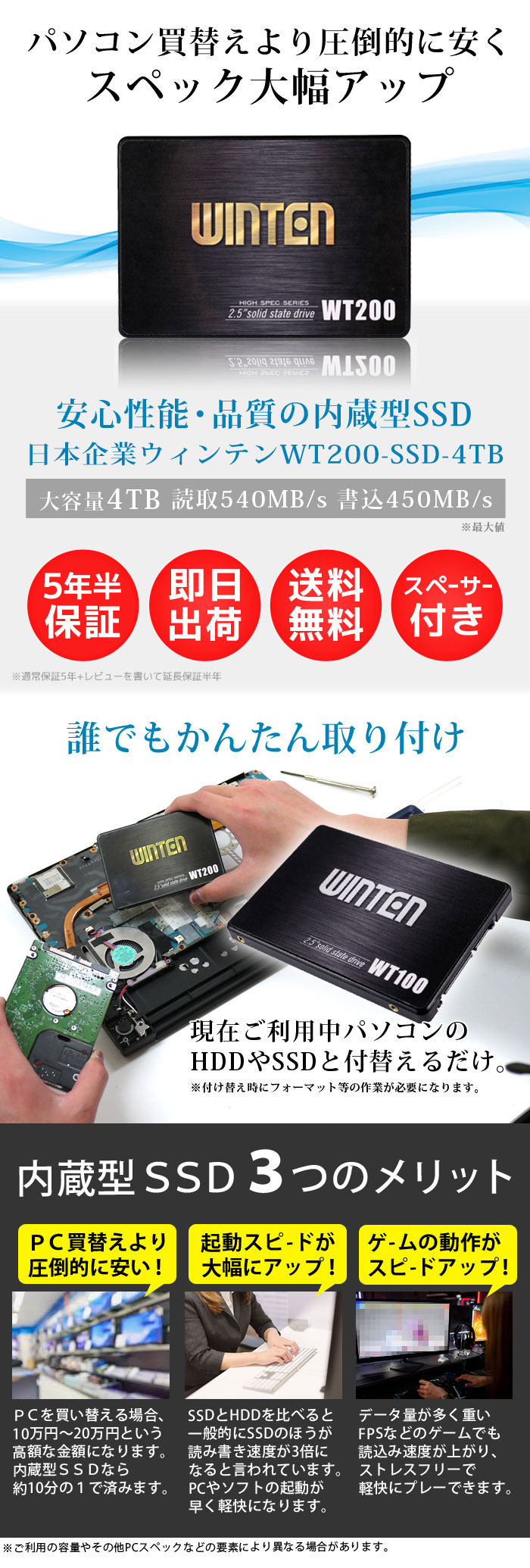 楽天市場】SSD 大容量 4TB【5年半保証 即日出荷 送料無料 スペーサー付 